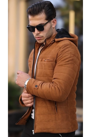 Mero Life Erkek Taba Dar Kesim Kapüşonlu Süet Mont Taba
