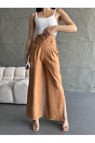 Eke Tekstil Kadın Camel Keten Paçaları Yırtmaçlı Pantolon-camel Camel