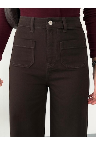 Kadın Kahverengi Ön Cepli Wide-leg Jean Yüksek Bel Geniş Paça Kot Pantolon Kahverengi