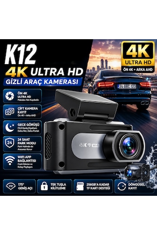 K12 Max 4k Araç Içi Kamera Ön 4k + Arka Hd Kayıt, Wifi Destekli, Gece Görüşlü, 24 Saat Park Modlu Gizli Araç Kamerası