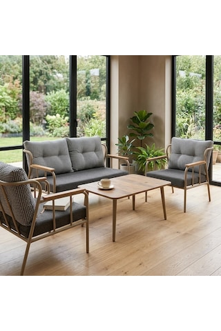 Paris 2+1+1+sehpa Metal Balkon Takımı Keten Dokulu Kumaş Cappuccino Metal - Bahçe Teras Oturma Grubu