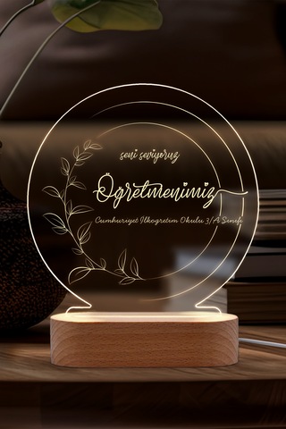 Öğretmenler İçin Kişiye Özel Led Gece Lambası Masif Ahşap Tabanlı Usb Kablolu Pleksi Led Gece Lambası