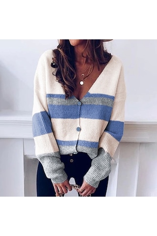 Danrimaoyi Kadın Renk Renk Örgü Avrupa Ve Amerikan Sonbahar Ve Kış Yeni V Yaka Çizgili Hırka Mavi