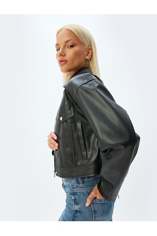 Koton Crop Suni Deri Ceket Fermuarlı Cepli Siyah 5sak20007ew Siyah
