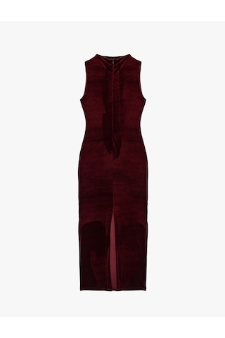 Koton Dik Yaka Slim Fit Kolsuz Drapeli Yırtmaç Detaylı Uzun Bodycon Kadife Elbise Bordo 6wak80091uk