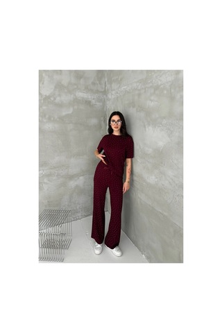 Asur Boutique Asur Butik Kadın Taşlı Bisiklet Yaka Alt Üst Takım Pantolonlu Şık Günlük Kombin Bordo