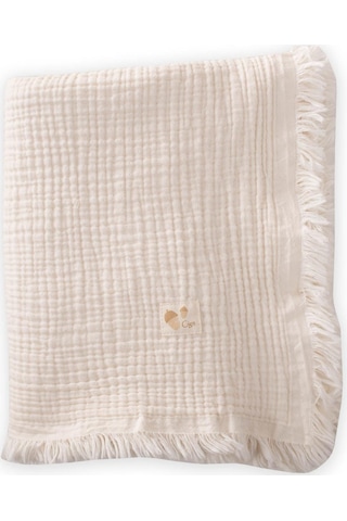 Cigit Dört Kat Püsküllü Müslin Battaniye 80x120 Cm Naturel Krem