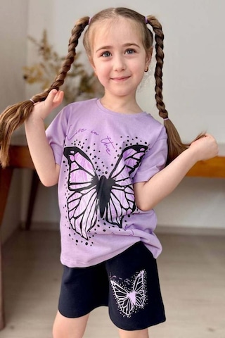 Riccotarz Kız Çocuk Kara Kalem Kelebek Baskılı Penye Lila T-shirt Şortlu Takım Lila