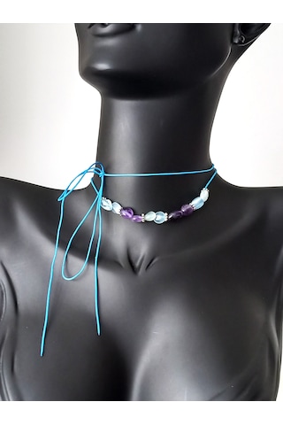 Keskin Gümüş Ametis Aquamarine Doğal Taşlı Mavi Çakra Choker Gümüş Kadın Kolye
