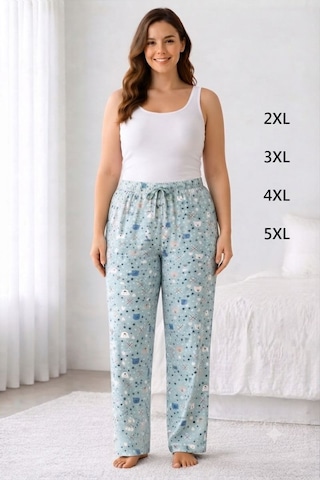 Viskon Pamuklu Kadın Büyük Beden Deniz Mavisi Desenli Pijama Pantolon - Mgb012 - Mudanis