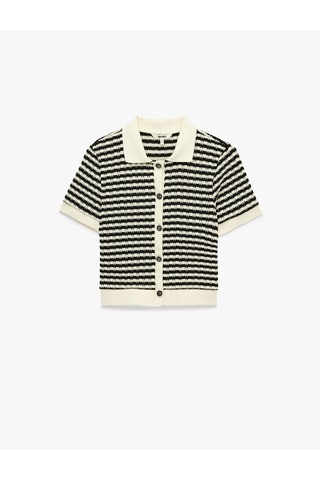 Koton Slim Fit Düğmeli Polo Yaka Kısa Kollu Çizgili Triko Hırka Beyaz Çizgili 6sak30073ek