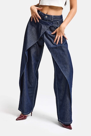 it's basic Kadın İndigo Bol Kesim Balon Fit Çift Pantolon Detaylı Özel Tasarım Denim Jean