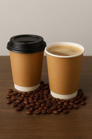 14 Oz Double Wall Kraft Görünüm Karton Bardak + Siyah Kapaklı 25'li Diğer