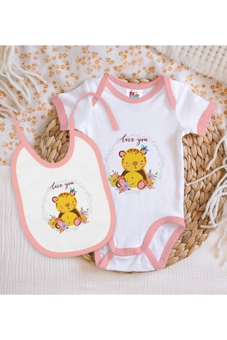 Bk Kids Love You Tasarımlı Pembe Bebek Body Zıbın Ve Mama Önlüğü Hediye Seti-1 Çok Renkli