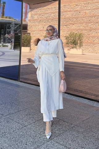 Riella Butik Nehir Üçlü Tesettür Takım Beyaz