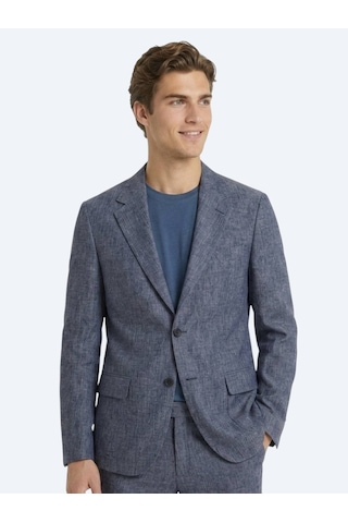 Kip Mavi Desenli Modern Fit Keten Karışımlı Takım Elbise