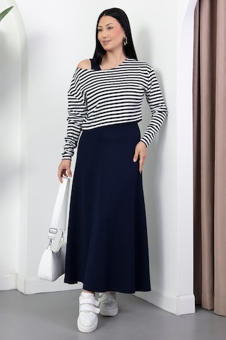 Kalopya Oval Yaka Çizgili Elbise İkili Takım Dks1475 Lacivert