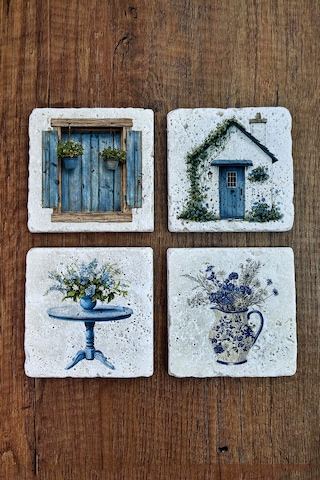 Doğal Taş Bardak Altlığı - Sevimli Kediler Ve Pencere Temalı Stone Coasters Çok Renkli