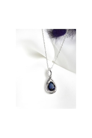 Brezza Lusso Jewelry Gümüş Su Damlası Pırlanta Model Safir Zirkon Taşlı Gümüş Kolye 45 CM