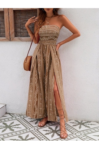 Kadın Yakası Gipe Detaylı Önden Yırtmaç Detaylı Desenli Süprem Pantolon Etek Kahve