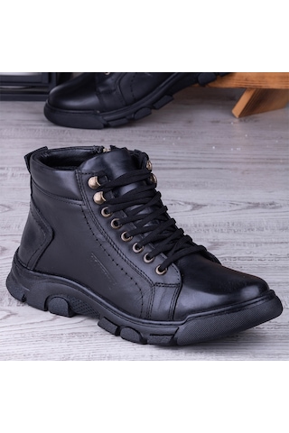 Ghattix Kotta Kışlık Hakiki Deri Erkek Bot Fermuarlı Siyah Siyah