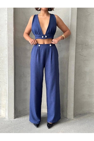 Crop Pantolon Keten Takım S255012 Lacivert