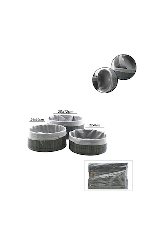 İbico İ22-329 Bambu Kenarlı Yuvarlak Organizer Sepet 3'lü Set - Gri Bezli Ahşap Altlıklı