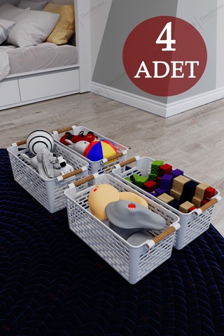 4 Adet Ahşap Saplı Görünüm Beyaz Renk Plastik Mutfak Banyo Eşya Organizer Sepet Düzenleyici Set Beyaz