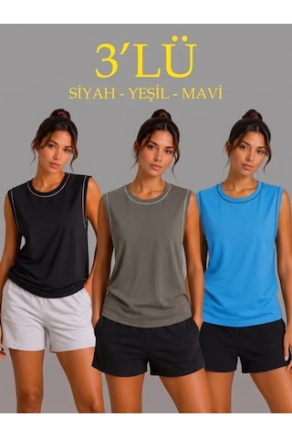 Valensdesign 3 Lü Kolsuz Sporcu Atlet Seti Yazlık Bisiklet Yaka - Siyah, Haki, Mavi Çok Renkli