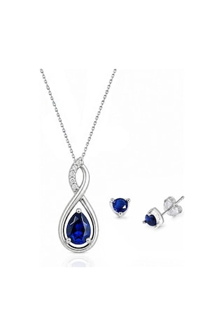 925 Ayar Su Damlası Pırlanta Model Safir Taşlı Gümüş Kolye Küpe Set Beyaz