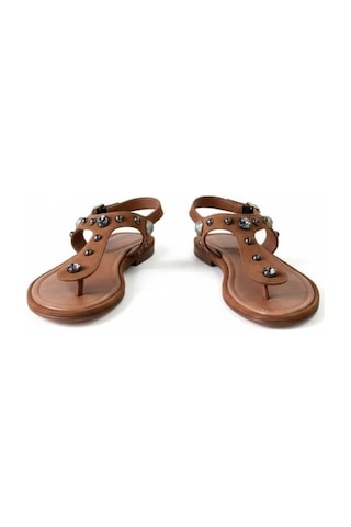 Ne&ve Shoes Taba Süet Hakiki Deri Taş Ve Trok Detaylı Parmak Arası Arkadan Tokalı Sandalet