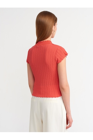 Dilvin Dik Yaka Transparan Triko Bluz Kırmızı