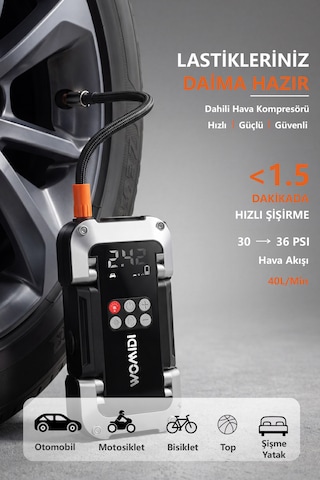 Akü Takviye Cihazı Hava Kompresörü Powerbank Suv Araç Marş Basma Lastik Şişirme Pompası Taşınabilir Womidi Q20