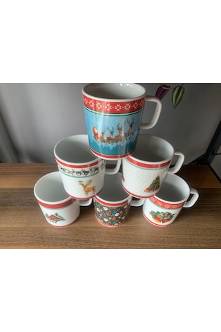 Yeni Yıl-noel Karışık Model 18 Parça 6 Kişilik Kupa Ve Türk Kahvesi Fincanı Takımı Çok Renkli