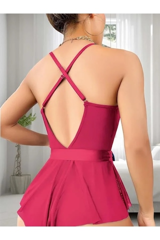 Angbutik Kadın Fuşya Dantel İşlemeli Kurdelalı Tül Babydoll