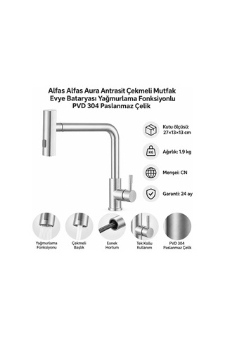 Alfas Aura Rain İnox Çekmeli Mutfak Evye Bataryası Yağmurlama Fonksiyonlu Pvd 304 Paslanmaz Çelik Inox