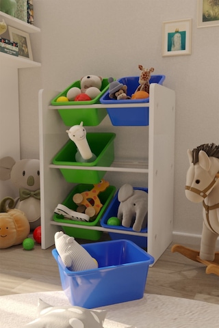 6 Sepetli Yeşil Ve Mavi Oyuncak Dolabı, Çok Amaçlı Dolap, Montessori Dolap Mavi-yeşil