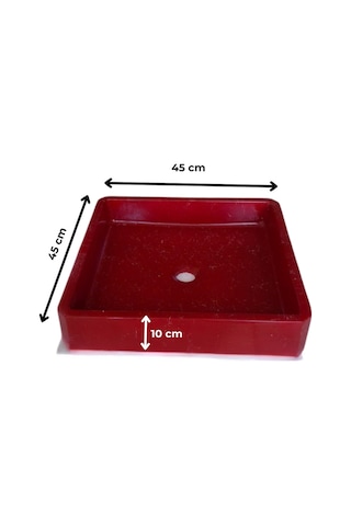 Mermer Desenli Tezgah Üstü Kare Model Taş Lavabo 45 X 45 Cm Bordo
