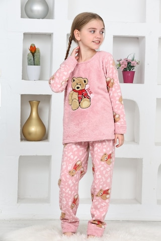 Kız Çocuk Welsoft Kumaş-göz Bantlı Ayıcık Baskılı Pijama Takımı 12293 Gül Kurusu