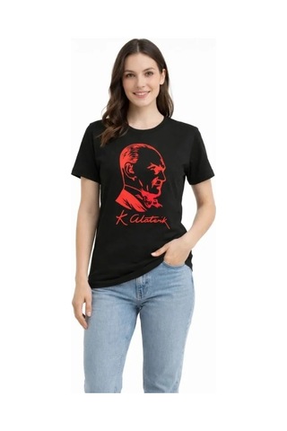 Defymoda Atatürk Baskılı Tişört Kısa Kollu Bisiklet Yaka T-shirt - Siyah