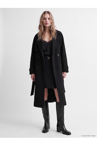 Lcw Vision Siyah Kruvaze Yaka Oversize Kadın Kaşe Kaban