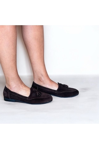 Ne&ve Shoes Kahve Süet Hakiki Deri Püsküllü Kadın Loafer Ayakkabı Kahverengi