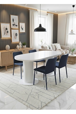 Oslo 180x90x74cm 36mm Kalın Kenarlı Oval Beyaz Sütunlu Mutfak Masası Sandalye Yok Sadece Masadır Beyaz