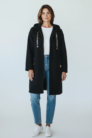 Kadın Üstten Cepli Kapüşonlu Önü Fermuarlı Kaşe Hırka Siyah