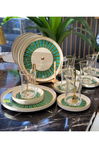 18 Parça Modern Piano Bird Green Pasta Çay Saati Seti-4347 Çok Renkli