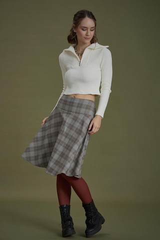 Bohem Tarz Kahve Gri Kareli Kloş Etek 001