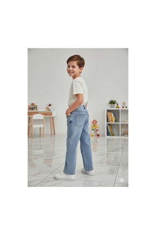 Erdem Kıds Erkek Çocuk Pamuklu Beli Lastikli Baggy Jean Pantolon Rahat Kalıp Geniş Bol Paça Kot Pantolon Buz Mavi Buz Mavi