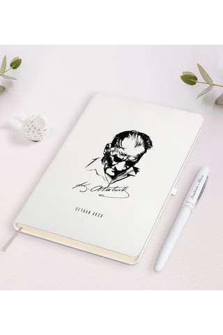 Kişiye Özel Atatürk Temalı Beyaz Defter ve Kalem Seti-28 Beyaz