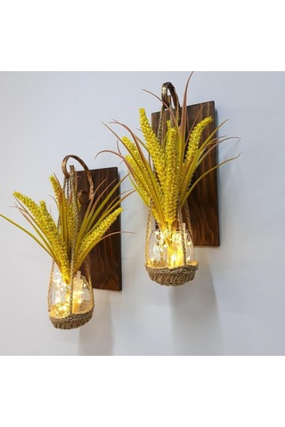 Duvar Dekoru, Led Işıklı, Sarı Cipso Çiçekli, Ceviz Aplik İkili Set
