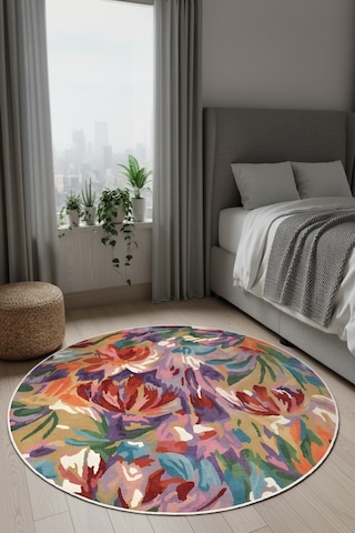 Zeminde Bir Tablo Fırça Dokunuşlu Modern Halı Tasarımı Yuvarlak Kaymaz Taban Renkli